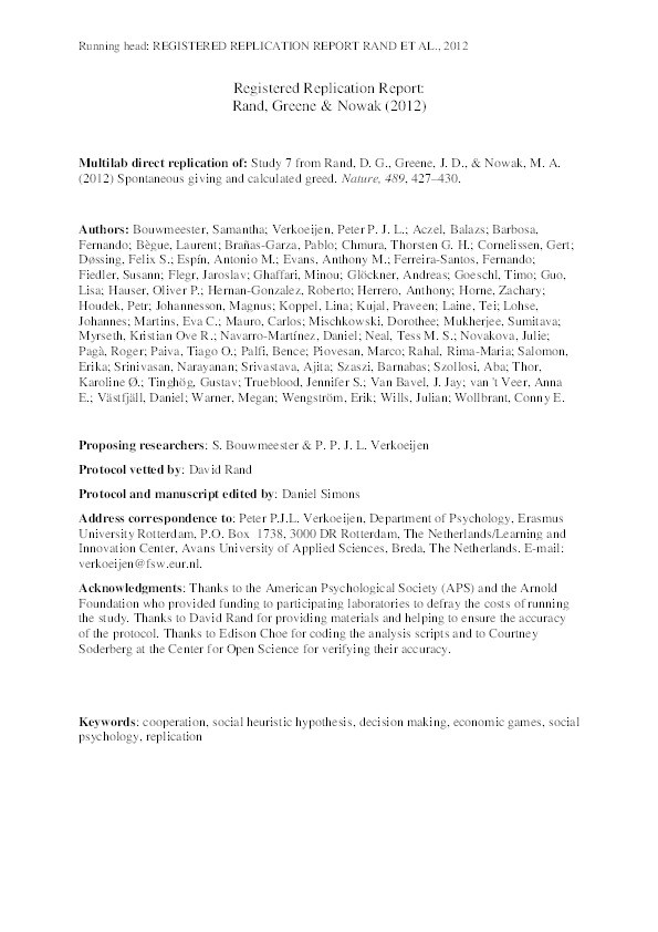 Registered Replication Report: Rand, Greene, and Nowak (2012) Thumbnail