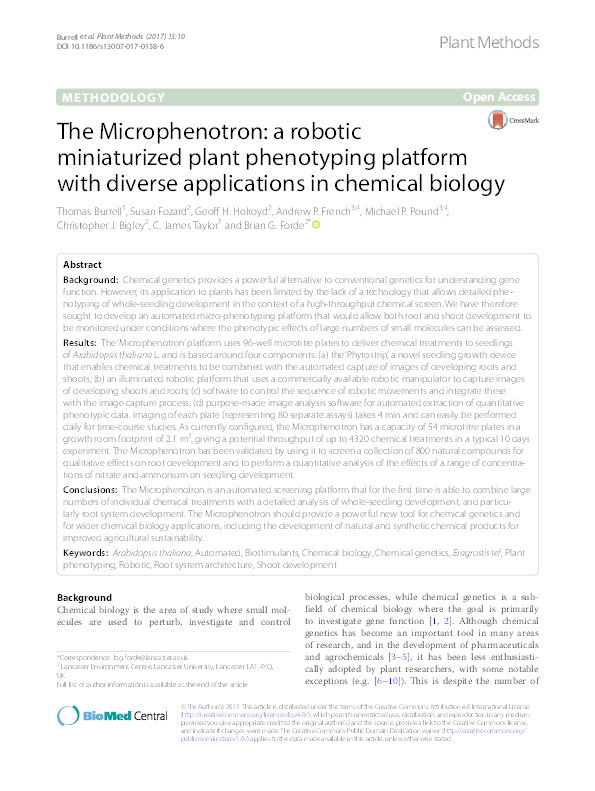 The Microphenotron: a robotic miniaturized plant phenotyping platform with diverse applications in chemical biology Thumbnail