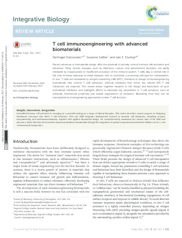 T cell immunoengineering with advanced biomaterials Thumbnail