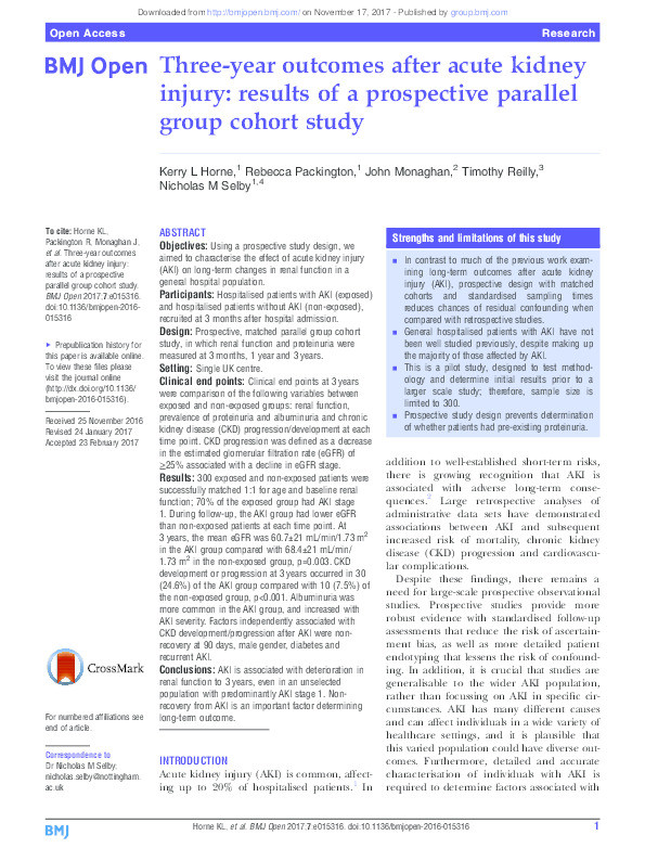 Three-year outcomes after acute kidney injury: results of a prospective parallel group cohort study Thumbnail