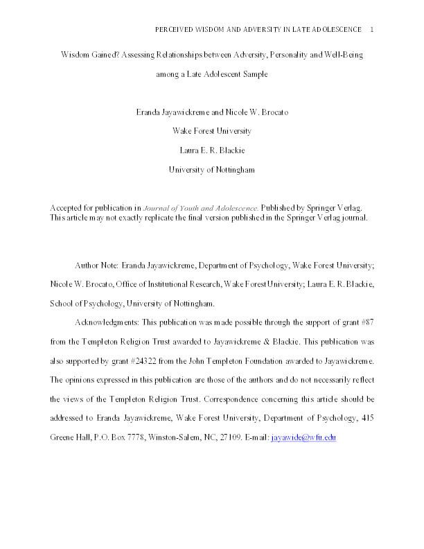 Wisdom gained?: assessing relationships between adversity, personality and well-being among a late adolescent sample Thumbnail