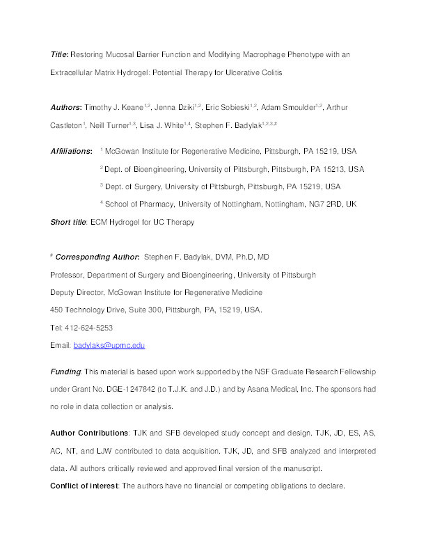 Restoring Mucosal Barrier Function and Modifying Macrophage Phenotype with an Extracellular Matrix Hydrogel: Potential Therapy for Ulcerative Colitis Thumbnail