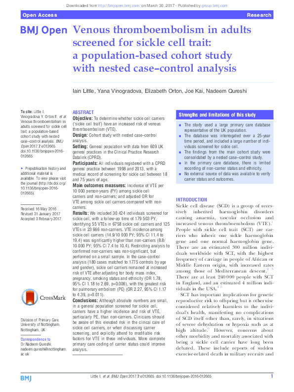 Venous thromboembolism in adults screened for Sickle Cell Trait: a population based cohort study with nested case-control analysis Thumbnail