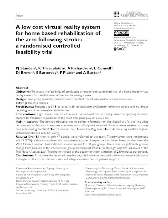 A low cost virtual reality system for home based rehabilitation of the arm following stroke: a randomised controlled feasibility trial Thumbnail