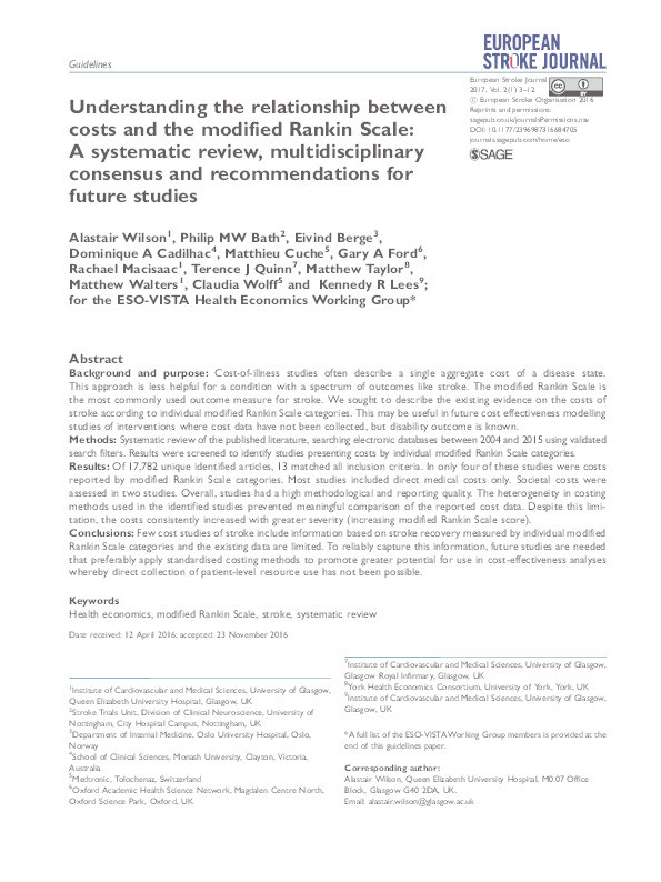 Understanding the relationship between costs and the modified Rankin Scale: a systematic review, multidisciplinary consensus and recommendations for future studies Thumbnail