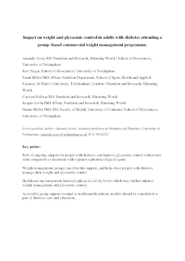 Impact on weight and glycaemic control in adults with diabetes attending a group- based commercial weight management programme Thumbnail