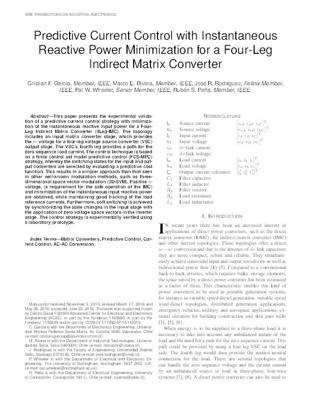 Predictive current control with instantaneous reactive power minimization for a four-leg indirect matrix converter Thumbnail