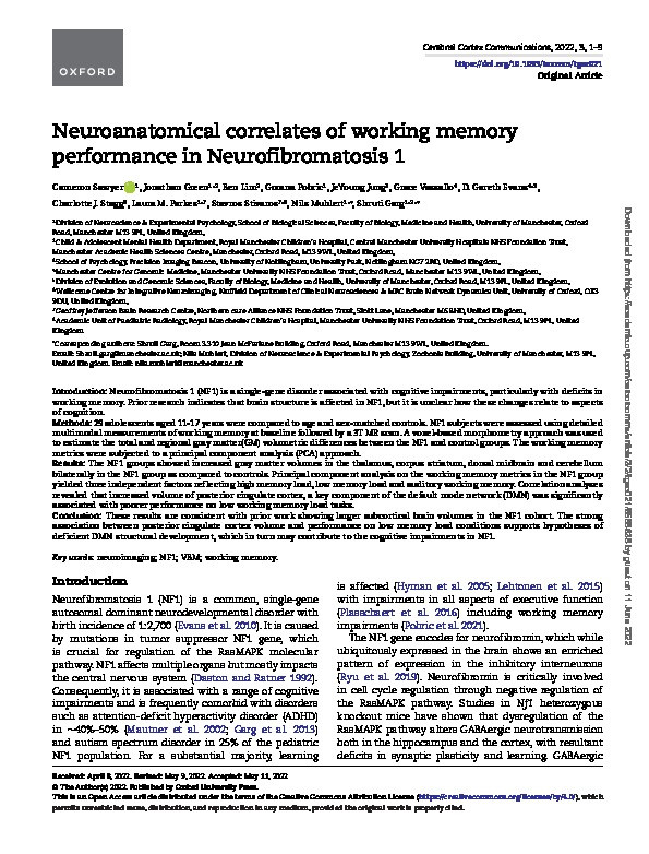 Neuroanatomical correlates of working memory performance in Neurofibromatosis 1 Thumbnail