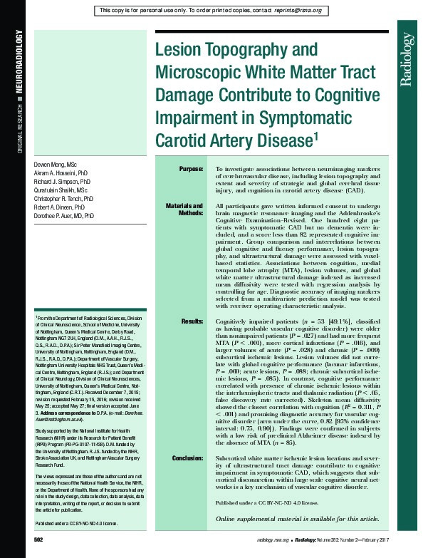 Lesion topography and microscopic white matter tract damage contribute to cognitive impairment in symptomatic carotid artery disease Thumbnail