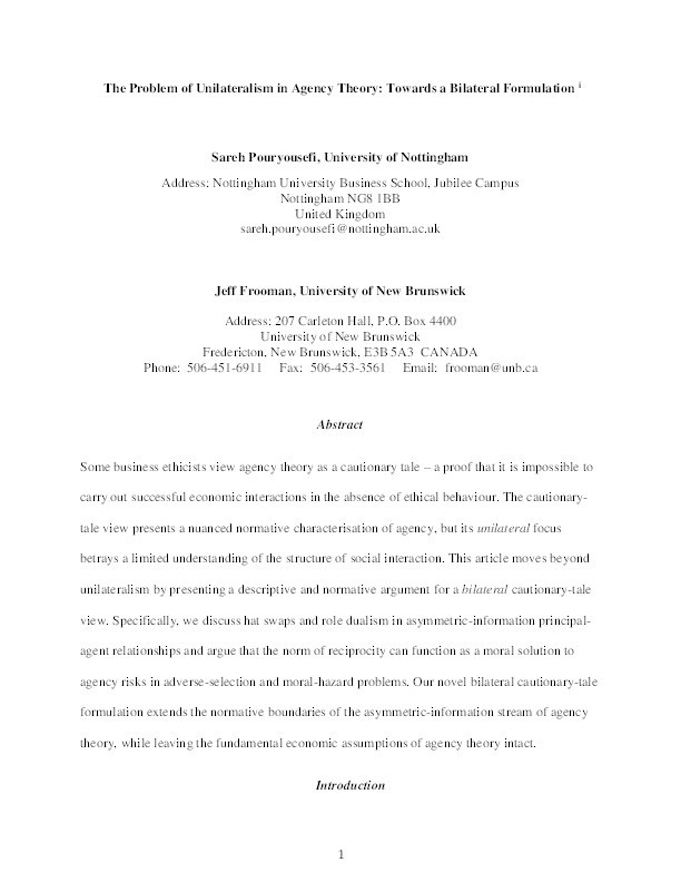 The problem of unilateralism in agency theory: towards a bilateral formulation Thumbnail