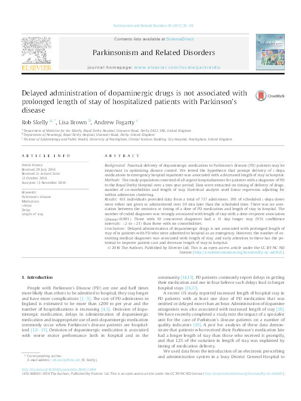 Delayed administration of dopaminergic drugs is not associated with prolonged length of stay of hospitalized patients with Parkinson's disease Thumbnail