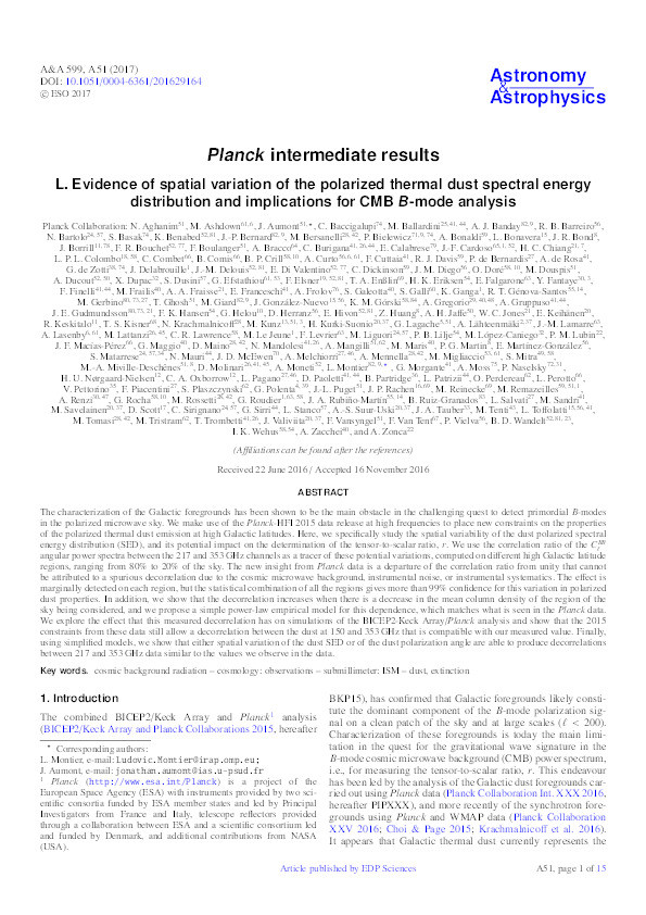 Planck intermediate results. L. Evidence of spatial variation of the polarized thermal dust spectral energy distribution and implications for CMB B-mode analysis Thumbnail