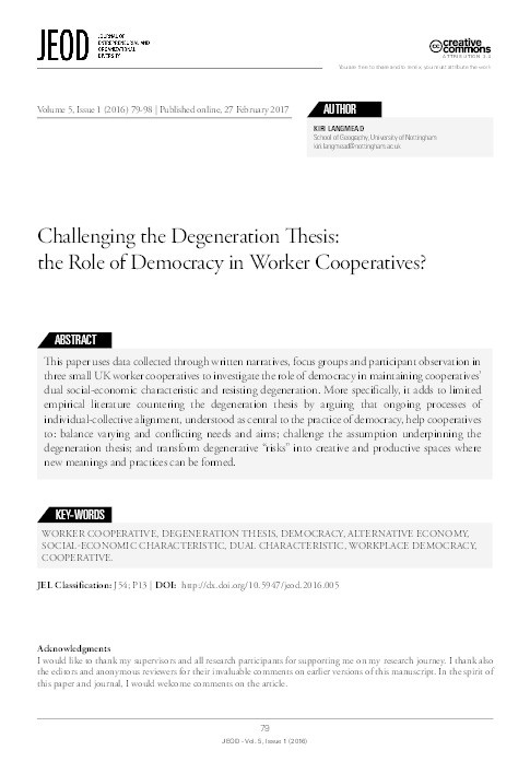 Challenging the degeneration thesis: the role of democracy in worker cooperatives? Thumbnail