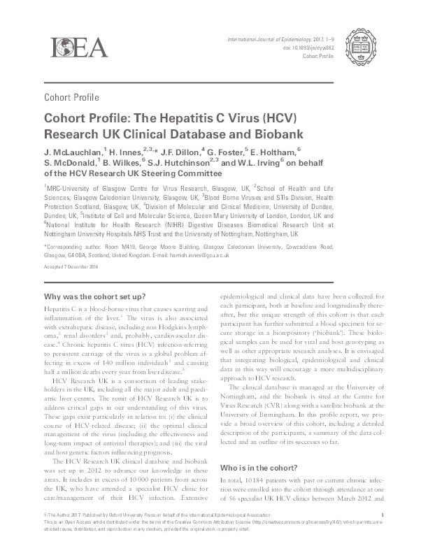 Cohort profile: the Hepatitis C Virus (HCV) Research UK clinical database and biobank Thumbnail