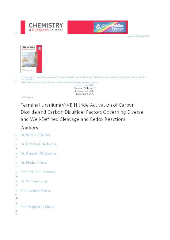 Terminal uranium(V/VI) nitride activation of carbon dioxide and carbon disulfide: factors governing diverse and well-defined cleavage and redox reactions Thumbnail