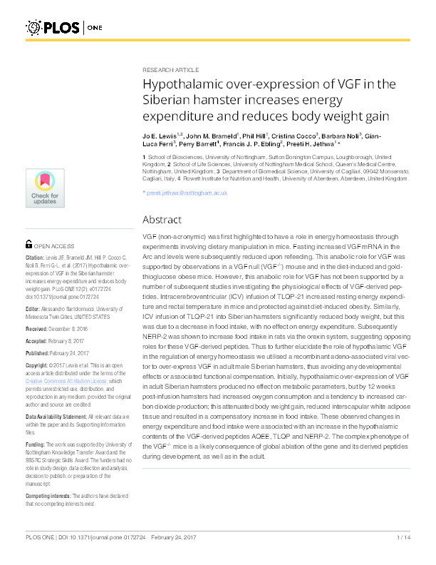 Hypothalamic over-expression of VGF in the Siberian hamster increases energy expenditure and reduces body weight gain Thumbnail