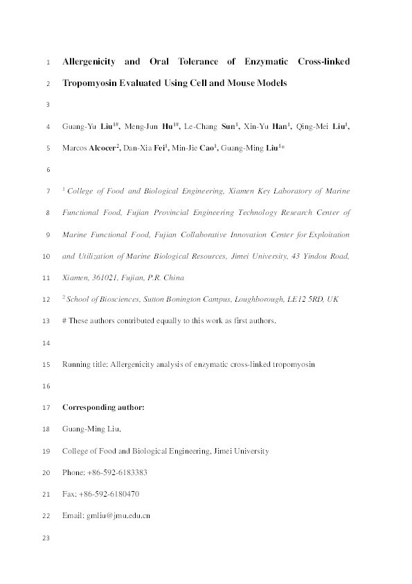 Allergenicity and oral tolerance of enzymatic cross-linked tropomyosin evaluated using cell and mouse models Thumbnail
