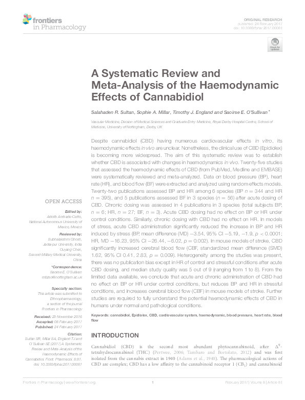 A systematic review and meta-analysis of the haemodynamic effects of cannabidiol Thumbnail