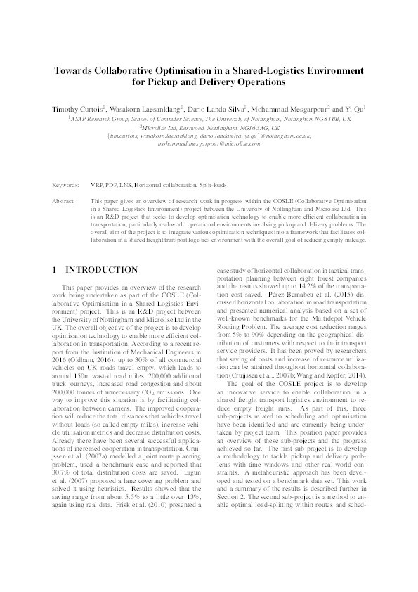 Towards collaborative optimisation in a shared-logistics environment for pickup and delivery operations Thumbnail