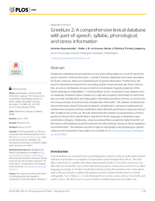 GreekLex 2: a comprehensive lexical database with part-of-speech, syllabic, phonological, and stress information Thumbnail