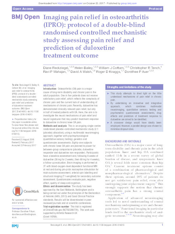Imaging Pain Relief in Osteoarthritis (IPRO): protocol of a double-blind randomised controlled mechanistic study assessing pain relief and prediction of duloxetine treatment outcome Thumbnail