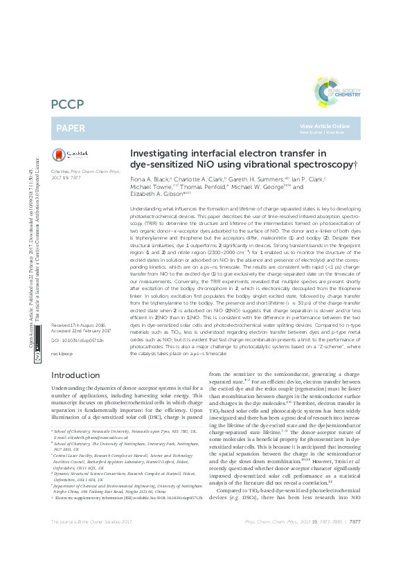 Investigating interfacial electron transfer in dye-sensitized NiO using vibrational spectroscopy Thumbnail