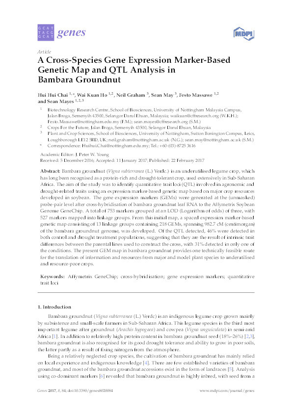 A cross-species gene expression marker-based genetic map and QTL analysis in bambara groundnut Thumbnail