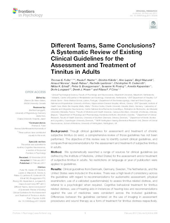 Different teams, same conclusions?: a systematic review of existing clinical guidelines for the assessment and treatment of tinnitus in adults Thumbnail