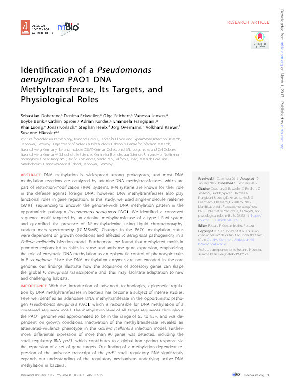 Identification of a Pseudomonas aeruginosa PAO1 DNA methyltransferase, its Targets, and physiological roles Thumbnail