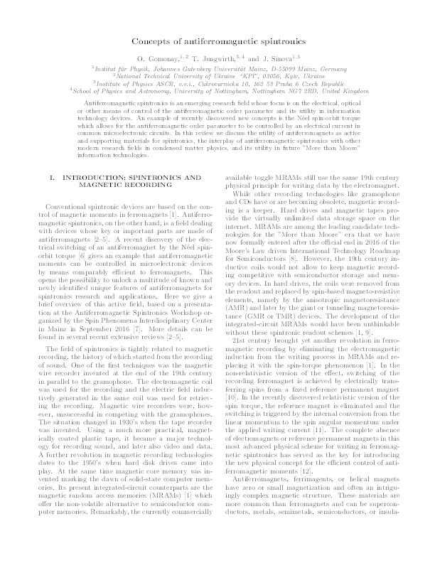 Concepts of antiferromagnetic spintronics Thumbnail