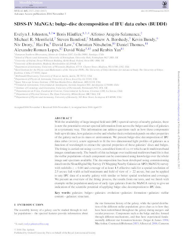 SDSS-IV MaNGA: bulge–disc decomposition of IFU data cubes (BUDDI) Thumbnail