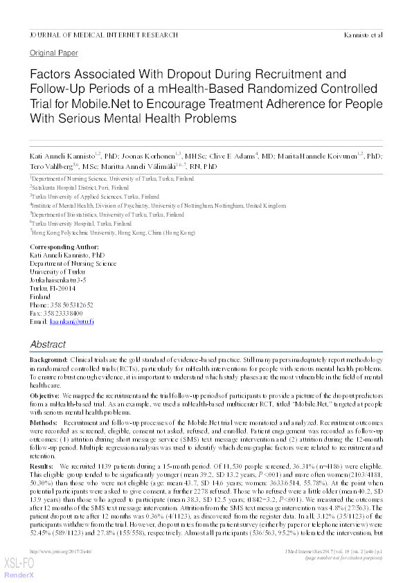 Factors Associated With Dropout During Recruitment and Follow-Up Periods of a mHealth-Based Randomized Controlled Trial for Mobile.Net to Encourage Treatment Adherence for People With Serious Mental Health Problems Thumbnail