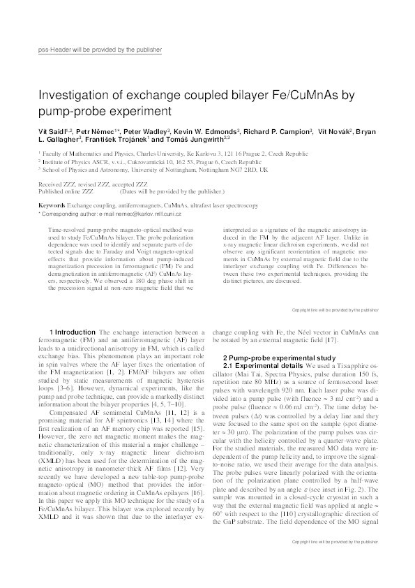 Investigation of exchange coupled bilayer Fe/CuMnAs by pump-probe experiment Thumbnail