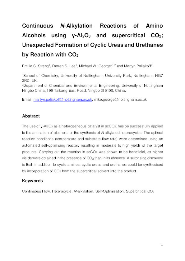 Continuous N-alkylation reactions of amino alcohols using ?-Al2O3 and supercritical CO2: unexpected formation of cyclic ureas and urethanes by reaction with CO2 Thumbnail