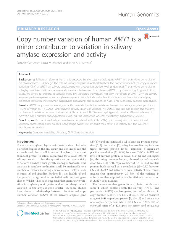 Copy number variation of human AMY1 is a minor contributor to variation in salivary amylase expression and activity Thumbnail