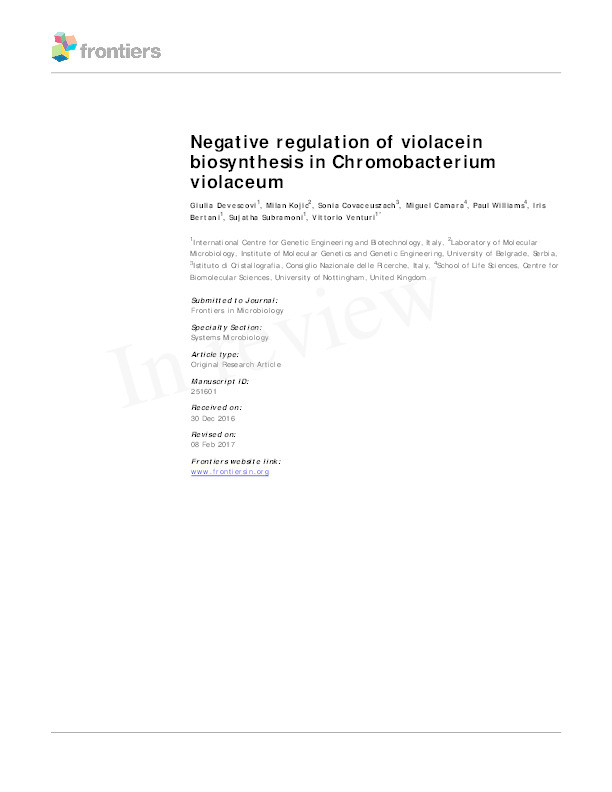 Negative regulation of violacein biosynthesis in Chromobacterium violaceum Thumbnail