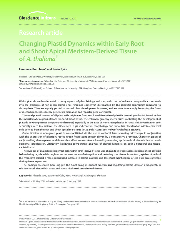 Changing plastid dynamics within early root and shoot apical meristem-derived tissue of A. thaliana Thumbnail