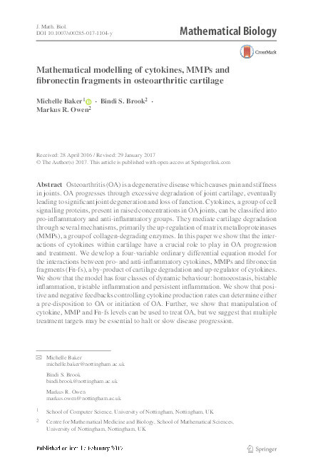 Mathematical modelling of cytokines, MMPs and fibronectin fragments in osteoarthritic cartilage Thumbnail