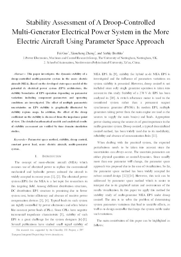 Stability assessment of a droop-controlled multi-generator electrical power system in the more electric aircraft using parameter space approach Thumbnail