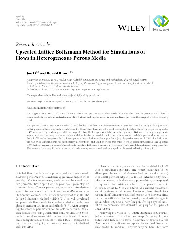 Upscaled Lattice Boltzmann Method for simulations of flows in heterogeneous porous media Thumbnail