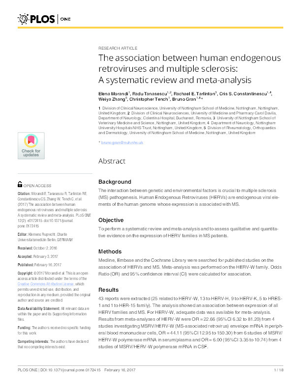 The association between human endogenous retroviruses and multiple sclerosis: a systematic review and meta-analysis Thumbnail