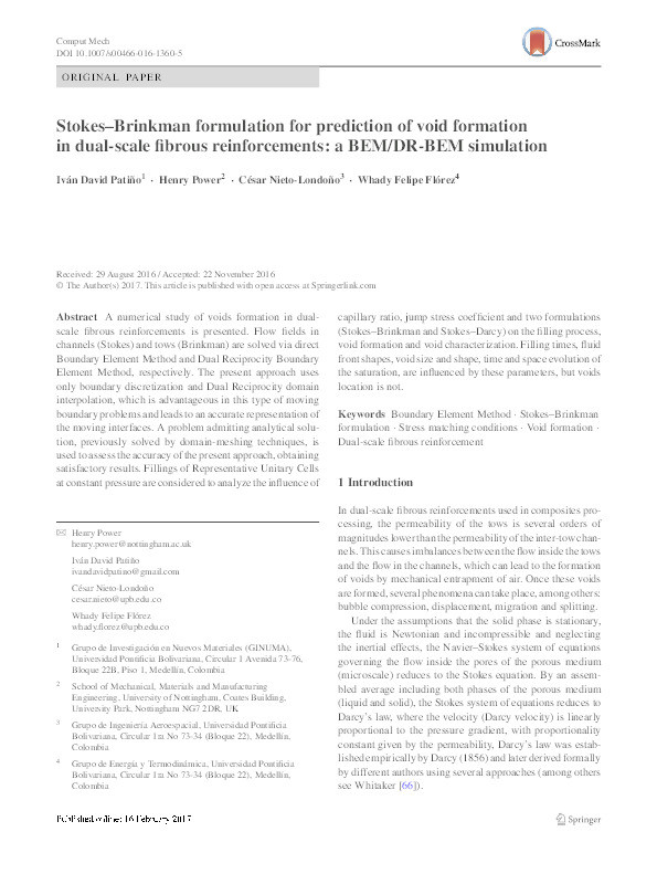 Stokes–Brinkman formulation for prediction of void formation in dual-scale fibrous reinforcements: a BEM/DR-BEM simulation Thumbnail