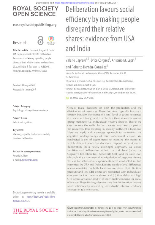 Deliberation favours social efficiency by making people disregard their relative shares: evidence from US and India Thumbnail