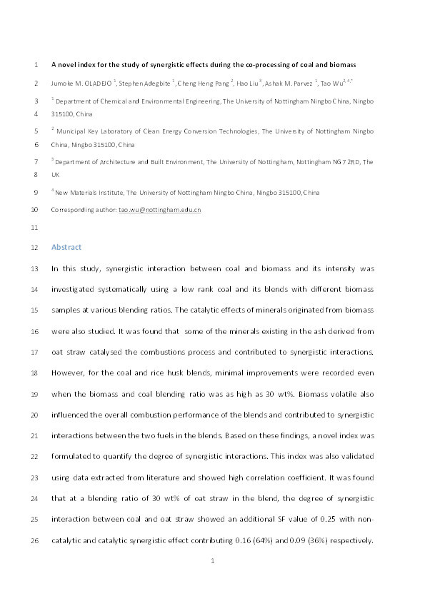 A novel index for the study of synergistic effects during the co-processing of coal and biomass Thumbnail