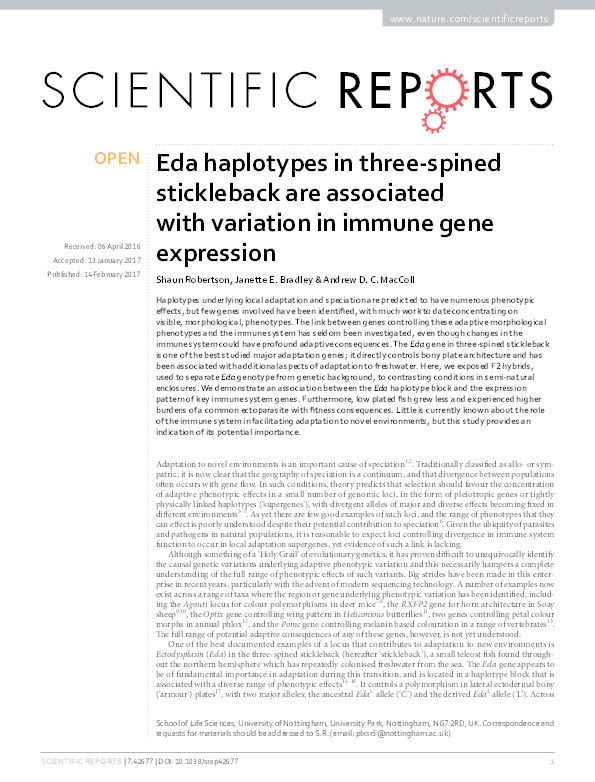 Eda haplotypes in three-spined stickleback are associated with variation in immune gene expression Thumbnail
