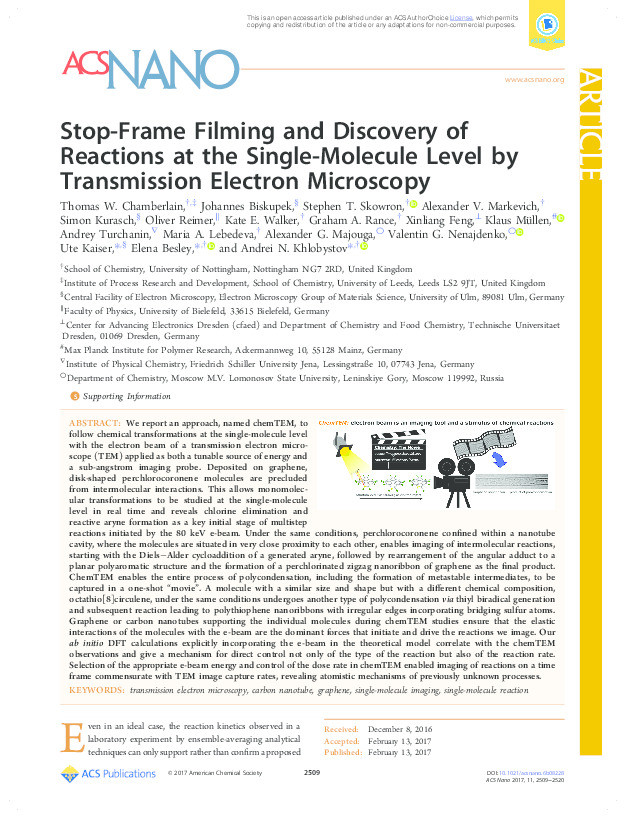 Stop-frame filming and discovery of reactions at the single-molecule level by transmission electron microscopy Thumbnail