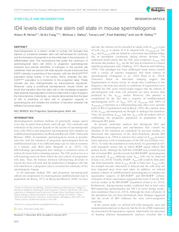 ID4 levels dictate the stem cell state in mouse spermatogonia Thumbnail