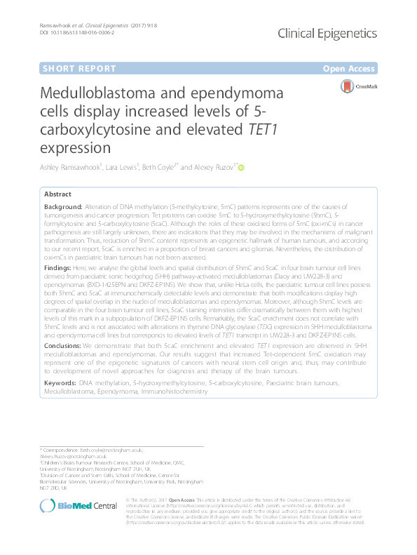 Medulloblastoma and ependymoma cells display levels of 5-carboxylcytosine and elevated TET1 expression Thumbnail