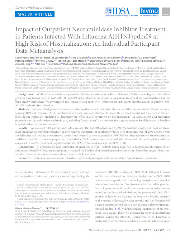 Impact of outpatient neuraminidase inhibitor treatment in patients infected with influenza A(H1N1)pdm09 at high risk of hospitalization: an Individual Participant Data (IPD) meta-analysis Thumbnail