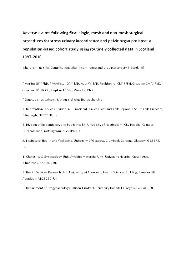 Adverse events after first, single, mesh and non-mesh surgical procedures for stress urinary incontinence and pelvic organ prolapse in Scotland, 1997–2016: a population-based cohort study Thumbnail